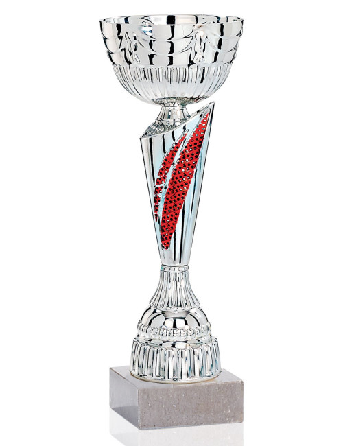 Copa plateada y roja de abs metalizado sobre base de marmol 67-2931