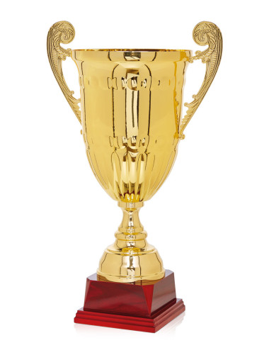 Copa de metal color dorado con base de madera 103-6711