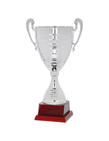 Copa de metal color plata con base de madera 108-4751