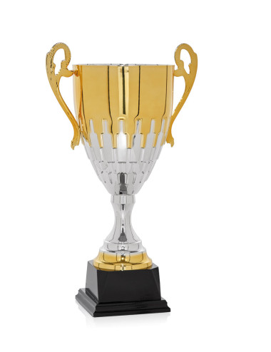 Copa de metal color dorado y plata con base de madera 111-6451